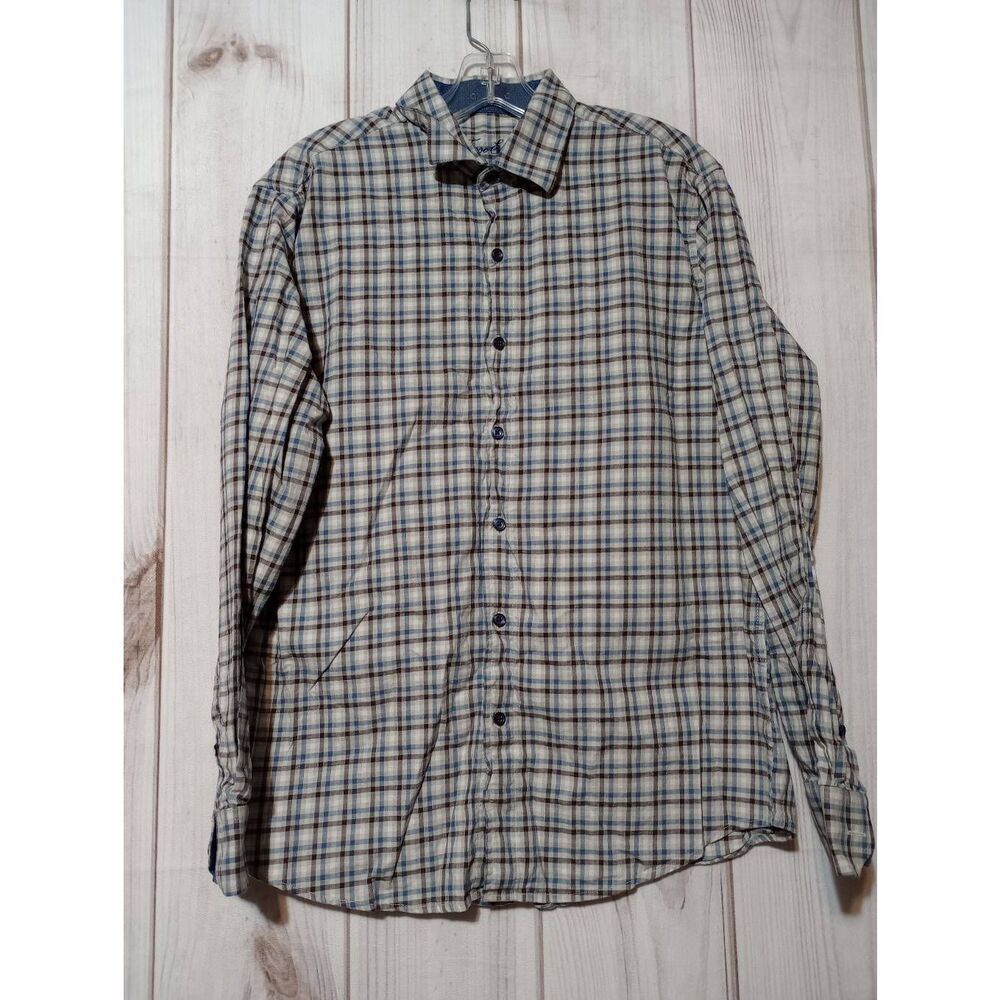 Tasso Elba‎ Shirt Men's Medium Cream Blue Button Front Long Sleeve
